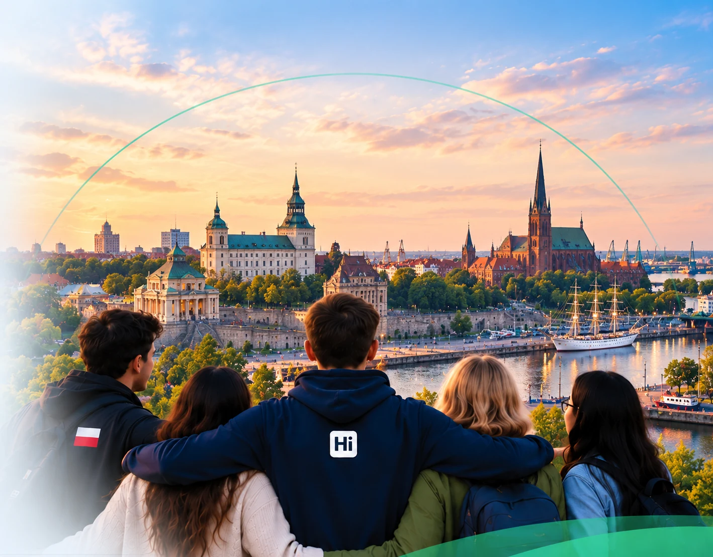 Personas frente al horizonte de Szczecin, símbolo de nuevas oportunidades